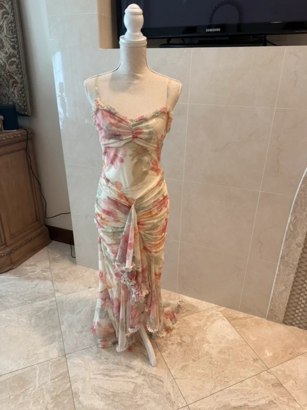 Spaghetti-Strap Floral Ruched Maxi Dress in Pink and Cream